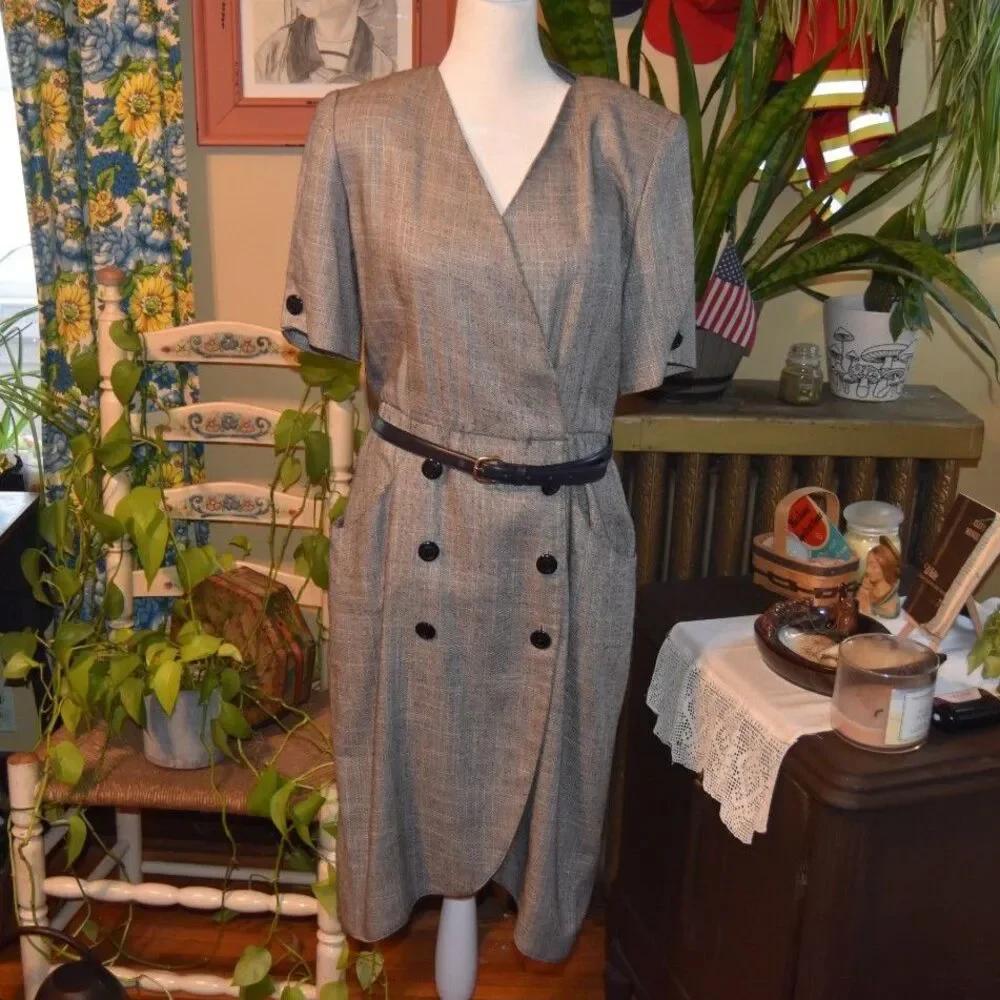 Vintage 80s Does 40s Caron Petite Chicago Power Dress Gray Tweed Size M